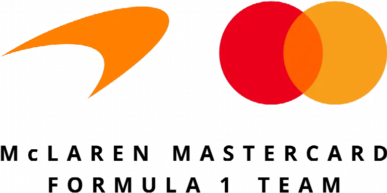 McLaren-Logo mit orangefarbenem Swoosh neben dem Mastercard-Logo aus zwei überlappenden roten und orangen Kreisen, Teamdesign F1 2026